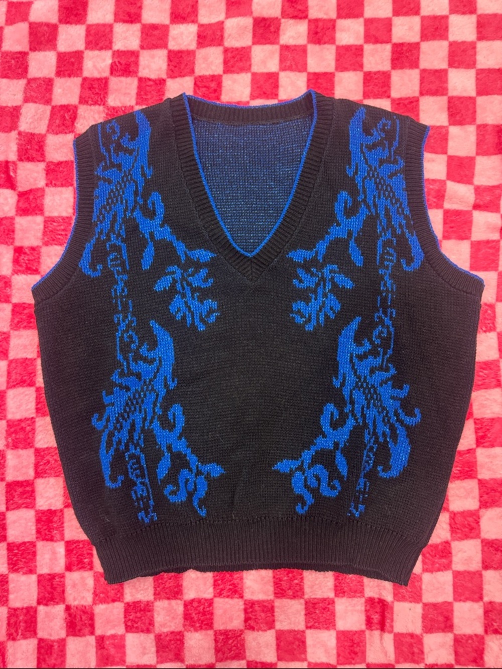 Black V-Neck Sweater Vest with Sparkly Blue Jacquard Detail